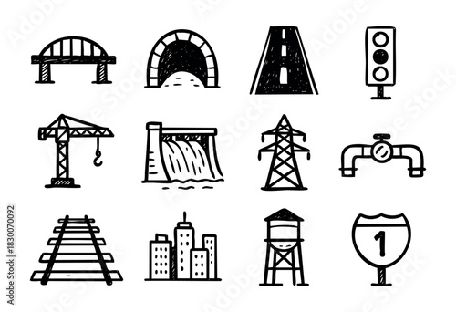 Hand-drawn doodle infrastructure icons — bridge, tunnel, crane, and power line — stock vector.