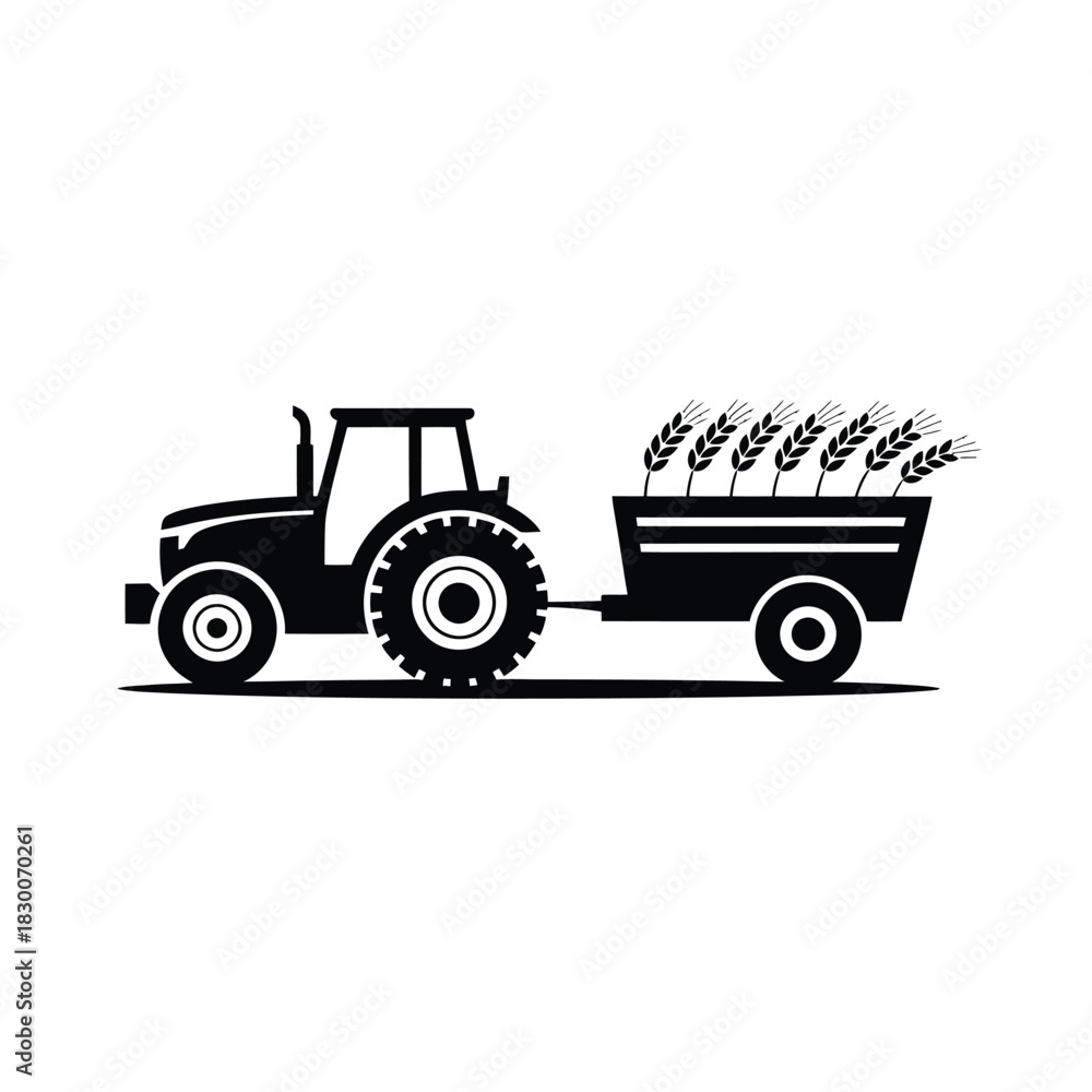 Obraz premium A black silhouette of a tractor pulling a trailer filled with wheat stalks.