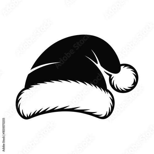 A black and white illustration of a Santa Claus hat with a fluffy brim and pom-pom.