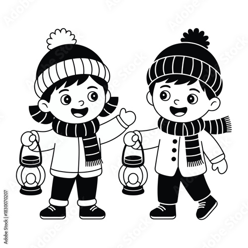 Two children in winter hats and scarves hold lanterns, ready for a night adventure.