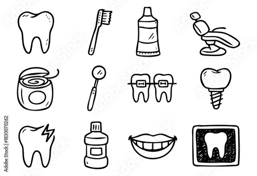 Hand-drawn doodle dentistry and dental care icons — tooth, toothbrush, and toothpaste — stock vector.