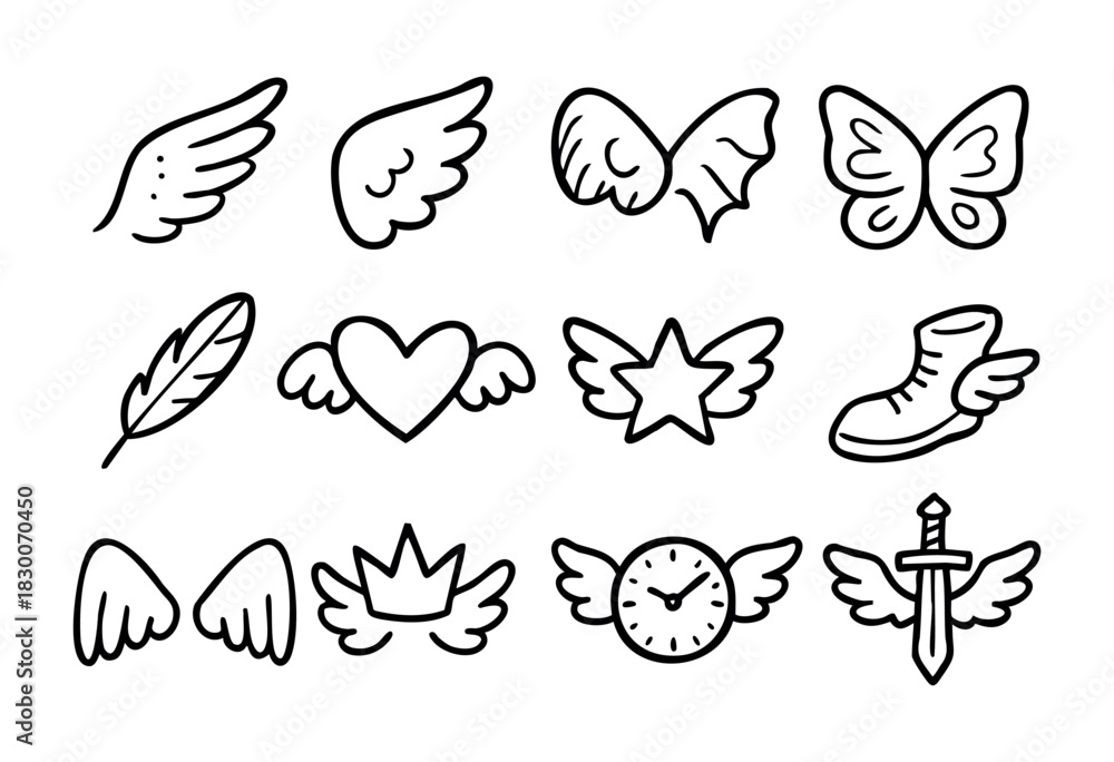 Obraz premium Hand-drawn doodle wings and fantasy icons — angel wings, heart, and sword — stock vector.