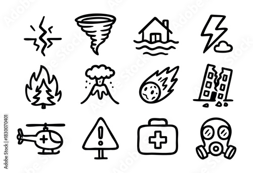 Hand-drawn doodle disaster and emergency icons — earthquake, tornado, and flood — stock vector.