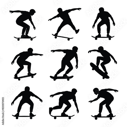 Silhouettes of skateboarders performing various tricks on skateboards.