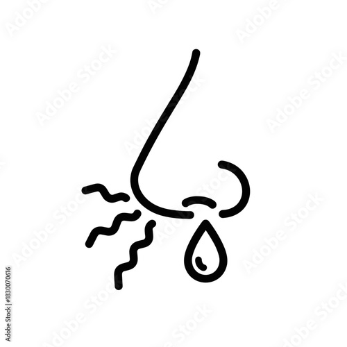 Cartoon outline of a nose with a drop of liquid and wavy lines  