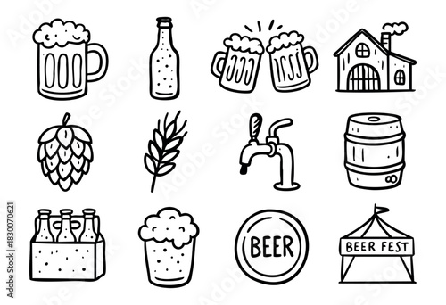 Hand-drawn doodle beer and brewery icons — mug, bottle, and hops — stock vector.