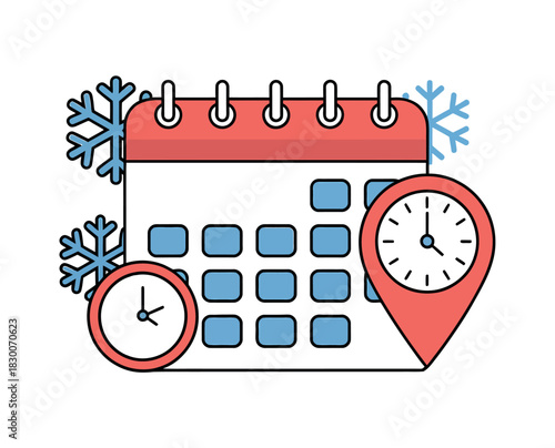 Illustration of a calendar with snowflakes and clock time location pin