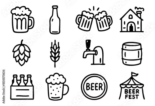 Hand-drawn doodle beer and brewery icons — mug, bottle, and hops — stock vector.