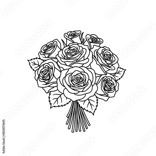 Bouquet of roses in black line art style on white background  