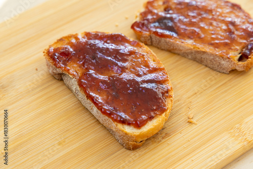 Toasted bread with strawberry jam.
