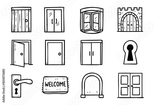 Hand-drawn doodle door and entry icons — open door, handle, and keyhole — stock vector.