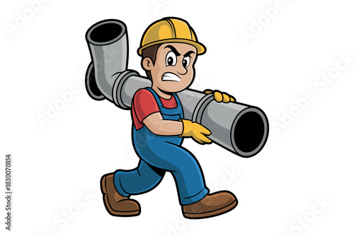 Cartoon plumber carrying pipes with angry expression wearing a hard hat