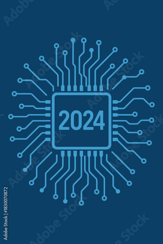 Circuit Board: Happy New Year Eve, showcasing a futuristic high‑tech digital circuit concept with CPU and microprocessor interface, illustrated on a blue background