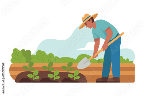 A farmer digging in the field with a shovel near small plants and green bushes