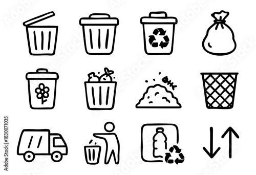 Hand-drawn doodle trash bin and recycling icons — garbage, recycle bin, and compost — stock vector.