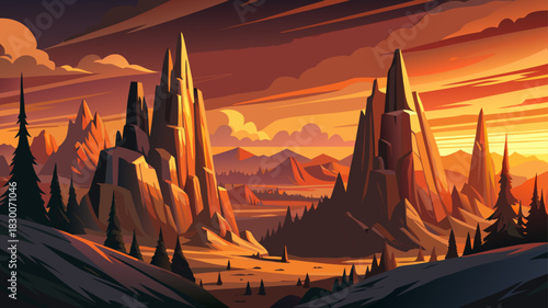 Very beautiful tall granite spires glow under warm sunset light, rising sharply above forested slopes and creating a dramatic natural skyline in the Black Hills.