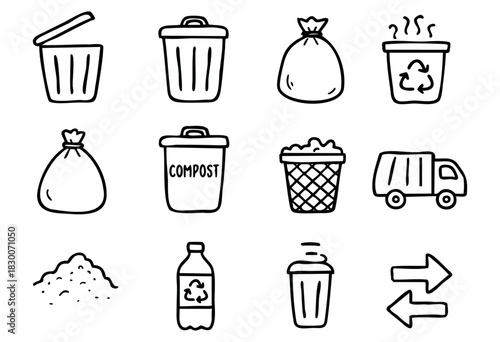 Hand-drawn doodle trash bin and recycling icons — garbage, recycle bin, and compost — stock vector.