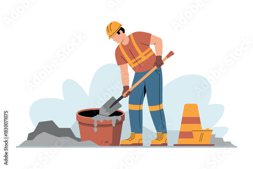 Illustration of a construction worker mixing concrete with a shovel outside
