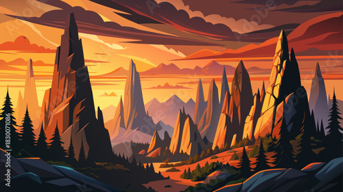 Very beautiful tall granite spires glow under warm sunset light, rising sharply above forested slopes and creating a dramatic natural skyline in the Black Hills.