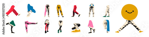 Legs walking, sitting, standing wearing jeans, skirts and sneakers halftone art collage cut outs set. Various paper clippings, funny stickers with doodles. Modern retro mixed media vector illustration