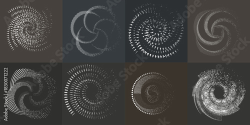 Circular spiral lines element set .Rotate textured vector shapes .Rotating dots form a circle .Rotating and linear design element . Various lines forming round shape . Abstract Geometric line art 