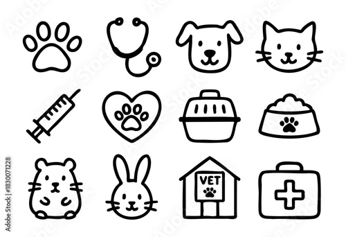 Hand-drawn doodle veterinary and pet care icons — dog, cat, and medical kit — stock vector.