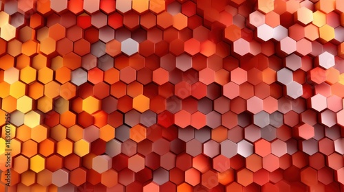 Vibrant hexagonal mosaic background with 3D depth and dynamic red-to-orange color shifts. 