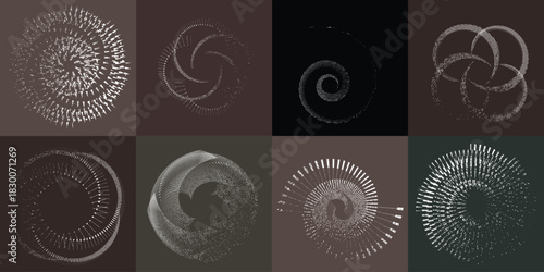 Circular spiral lines element set .Rotate textured vector shapes .Rotating dots form a circle .Rotating and linear design element . Various lines forming round shape . Abstract Geometric line art 