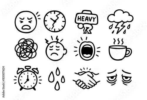 Hand-drawn doodle icons showing stress, anxiety, tiredness, and emotions — stock vector.