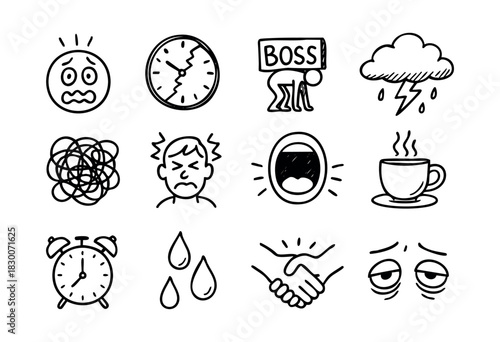 Hand-drawn doodle icons showing stress, anxiety, tiredness, and emotions — stock vector.
