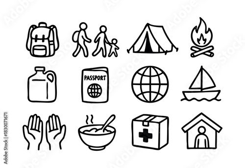 Hand-drawn doodle icons illustrating refugee aid, travel, and humanitarian help — stock vector.