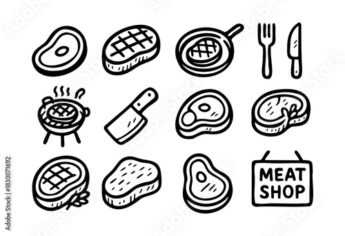 Hand-drawn doodle icons of steaks, meat cuts, and grill — stock vector.