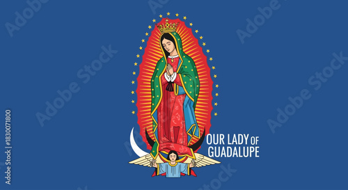 Our Lady of Guadalupe illustration with vibrant colors, perfect for religious events, faith-based projects and cultural celebrations, conveying hope, serenity, and spiritual devotion