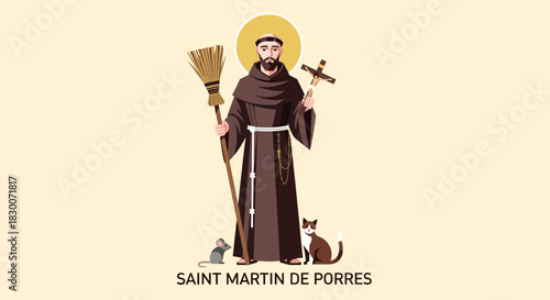 Saint Martin de Porres with broom, cross, cat, and mouse in a stylized illustration, offering a symbol of compassion, harmony, and faith for educational and religious purposes