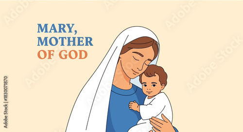 Celebrate the love of Mary, Mother of God, with this tender illustration perfect for greeting cards, religious education, and inspiring messages of faith and devotion