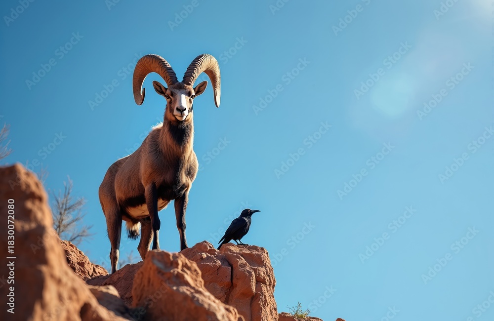 Fototapeta premium Proud male Markhor stands majestically on rugged desert rocks. Large spiral horned wild goat looks at viewer under clear blue sky. Dark bird perches nearby on stone cliff. Impressive wildlife lives