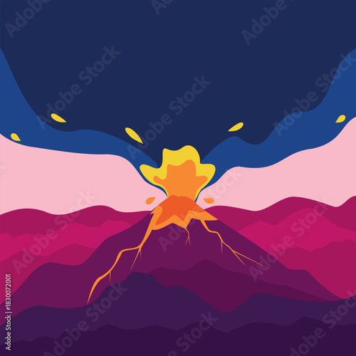 Flat vector illustration of a volcano eruption with fire, ash, and smoke rising from a mountain. Designed in a clean, modern style perfect for educational materials, natural disaster awareness content