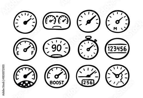 Hand-drawn doodle icons of gauges, meters, and dashboards — stock vector.