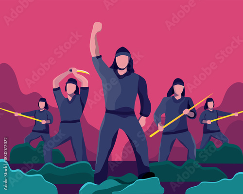 Dynamic flat illustration of a warrior team in battle formation, featuring fighters in bold action poses. Designed in a clean, modern vector style ideal for gaming assets, posters, branding, editorial