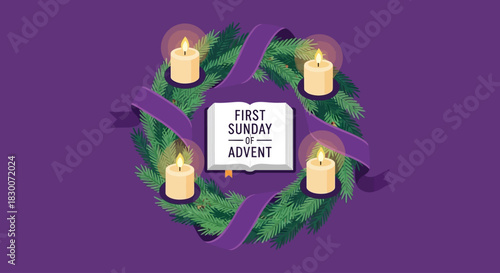 Celebrate the First Sunday of Advent with this festive wreath, perfect for church bulletins, holiday cards, and seasonal promotions with a warm, inviting message of hope and peace