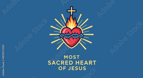Celebrate your faith with the radiant Most Sacred Heart of Jesus, a symbol of divine love, sacrifice, and compassion, radiating warmth and hope on a classic blue background