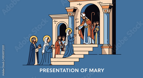 Witness the Presentation of Mary at the Temple, a vibrant depiction of unwavering faith and devotion, perfect for adding an authentic touch to your religious campaigns or educational materials
