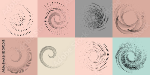 Circular spiral lines element set .Rotate textured vector shapes .Rotating dots form a circle .Rotating and linear design element . Various lines forming round shape . Abstract Geometric line art 