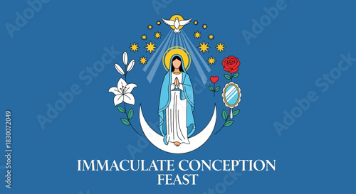 Celebrate the Immaculate Conception Feast with this meaningful design featuring the Virgin Mary, dove, stars, rose, lily, heart and mirror against a serene blue backdrop