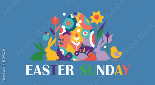 Delightful Easter Sunday celebration with colorful egg, playful bunnies, cheerful chick, and blooming spring flowers for festive greeting cards and seasonal promotions