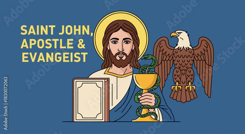 Celebrate faith and tradition with this artistic depiction of Saint John, apostle and evangelist, featuring symbolic elements perfect for religious education or design projects