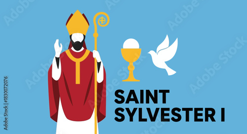 Celebrate Saint Sylvester I with this vibrant design featuring a Bishop, Holy Spirit Dove, and Chalice, perfect for New Year's Eve or religious celebrations