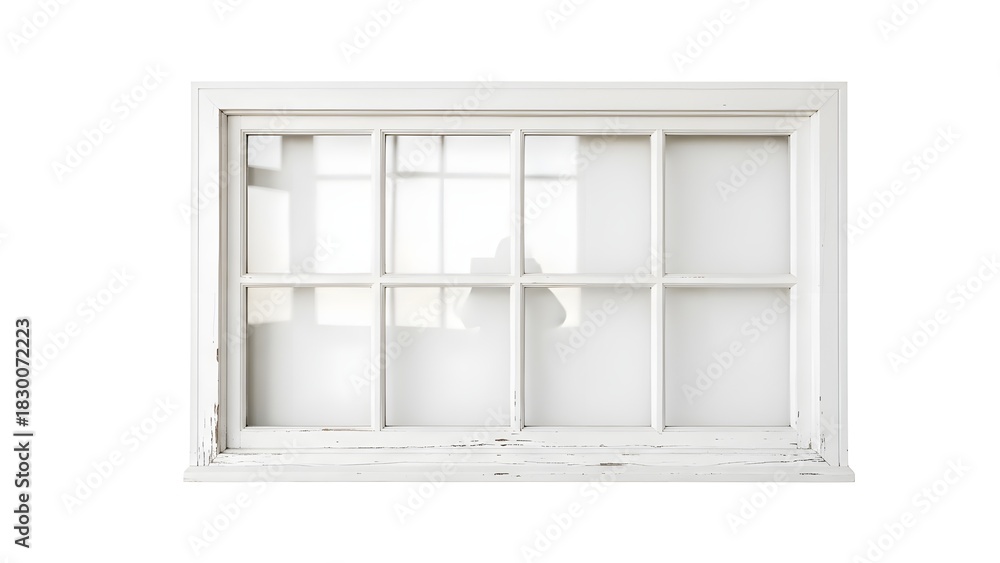 Obraz premium Distressed white wooden window frame with multiple glass panes. isolated on transparent background, isolated on white background