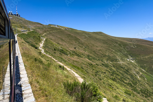 Train climbing up to Monte Generoso, located on the border between Switzerland and Italy and between Lake Lugano and Lake Como.