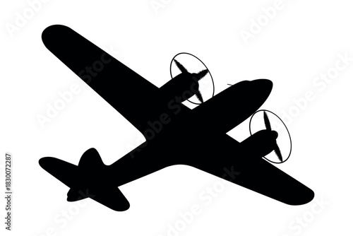 A silhouette of a propeller plane with two engines on a white background
